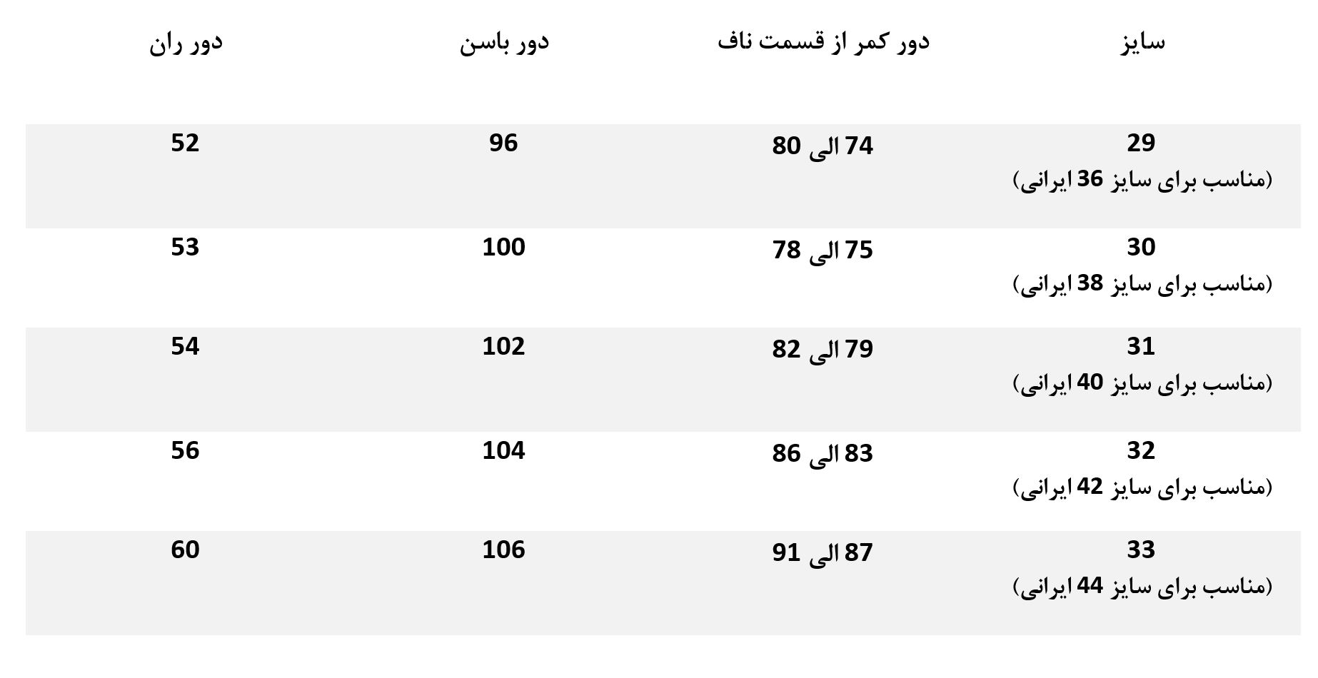 راهنمای سایز