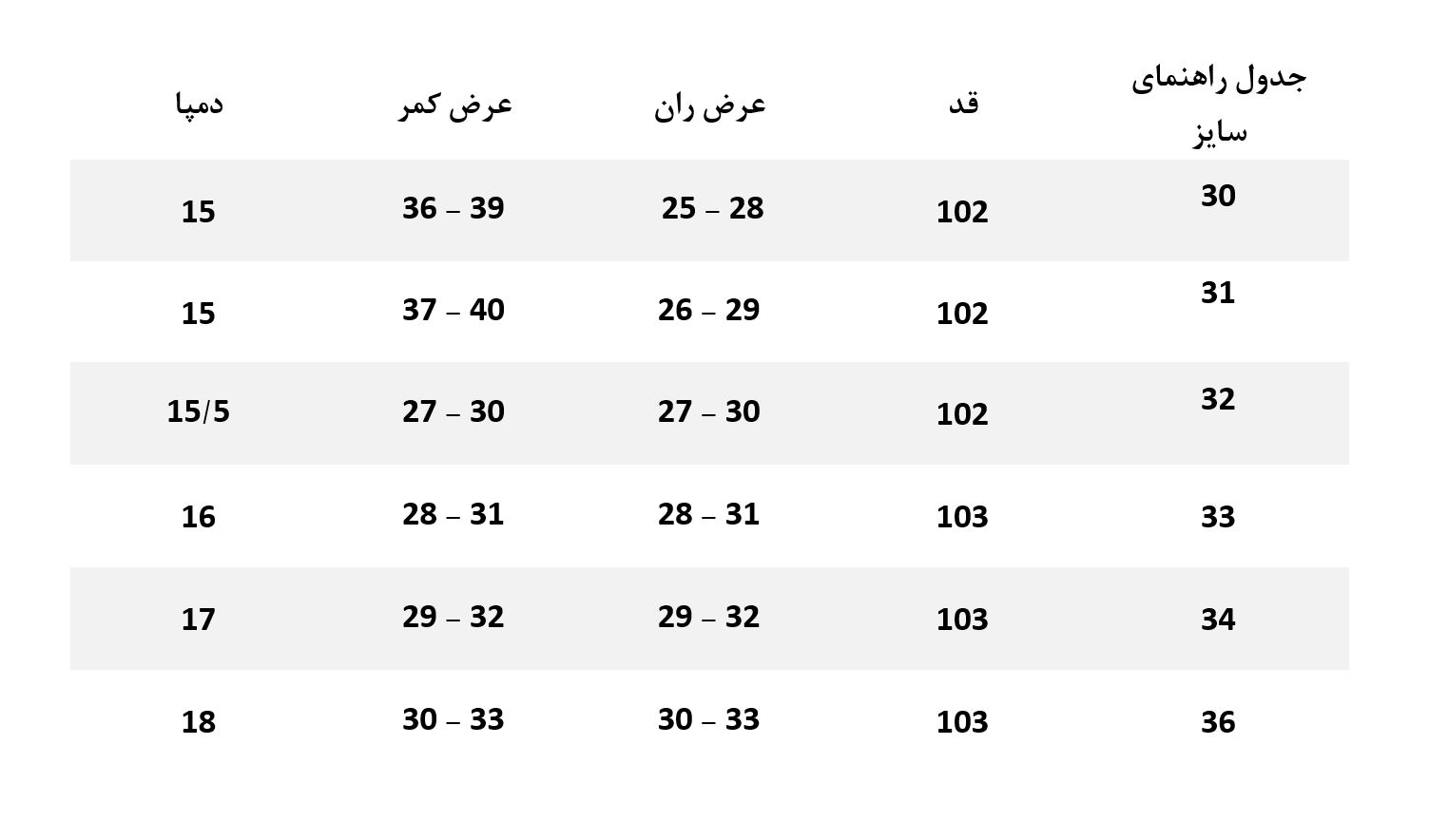 جدول سایز