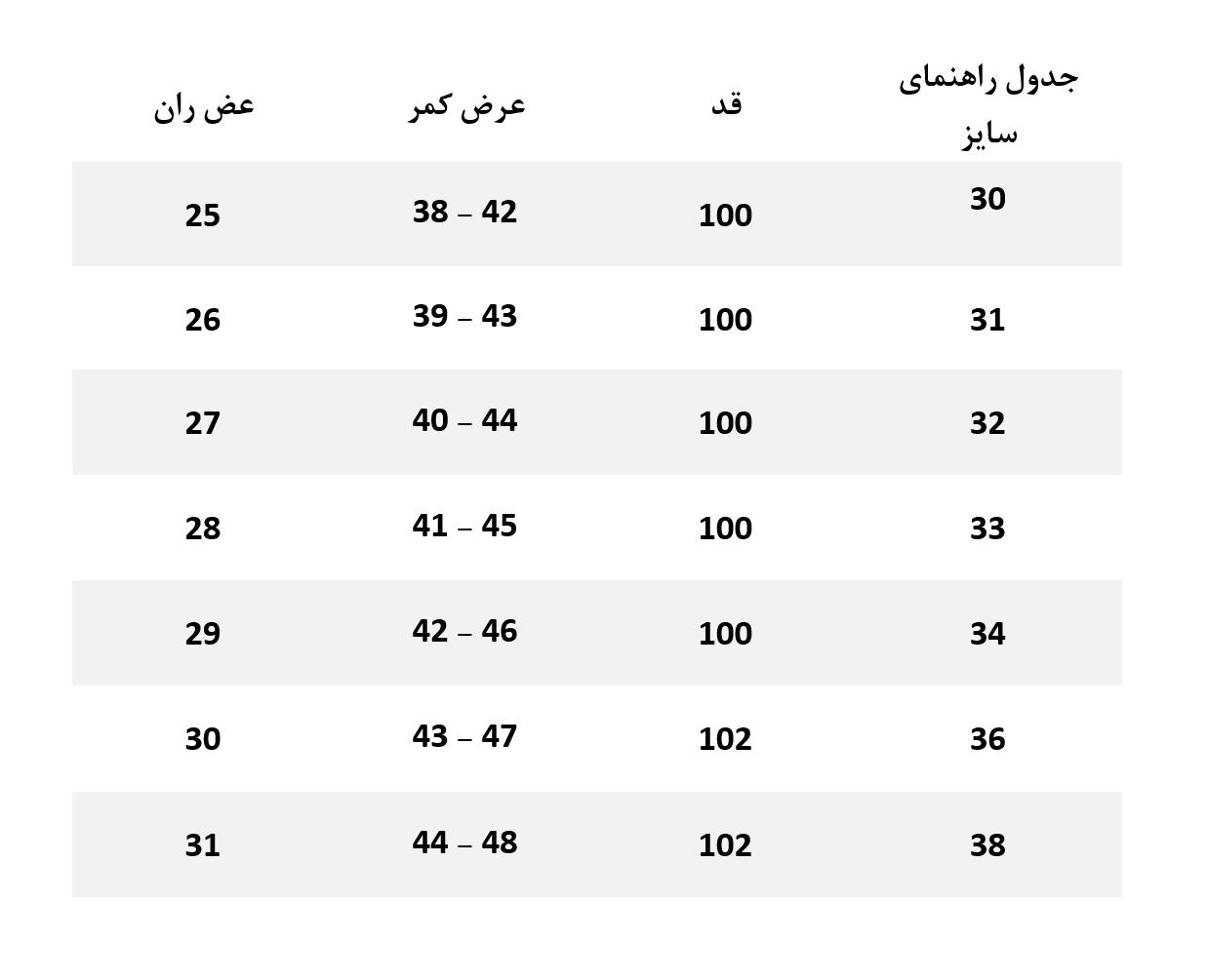 جدول سایز