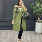 مانتو لینن بلند کمربند دار سرشانه پاگن