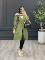 مانتو لینن بلند کمربند دار سرشانه پاگن