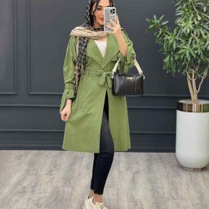 مانتو لینن بلند کمربند دار سرشانه پاگن