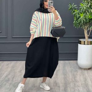 مانتو پیراهنی دو تکه راه راه رنگی کد 3200