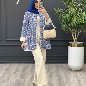 ست مانتو و شلوار طرح دار آستین پاکتی کد 3324