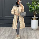 مانتو راه راه بلند کمر گت دار کد 3211