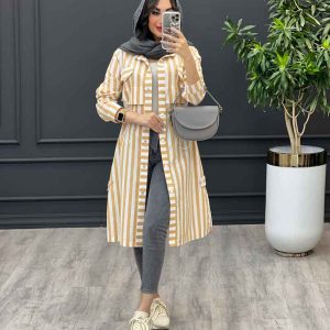 مانتو راه راه بلند کمر گت دار کد 3211