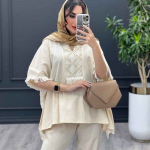مانتو لینن نچرال جلو بسته بغل ریش کد 3333