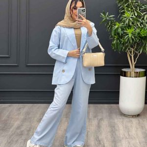 ست مانتو شلوار لینن چهار دکمه چوبی کد 3148