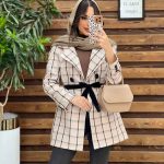 مانتو پاییزه چهارخانه کمردار کد 3500