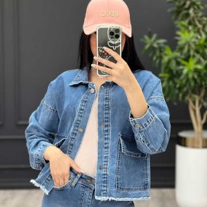 کت جین نیم تنه دو جیب پایین ریش کد 3470