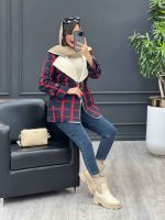 پالتو چهارخونه یقه خز کد 4009 - تصویر 5