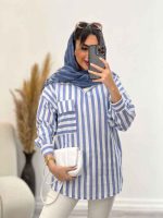 مانتو راه راه جلو بسته تک جیب کد 4966 - تصویر 5