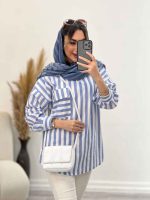 مانتو راه راه جلو بسته تک جیب کد 4966 - تصویر 11