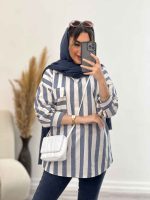 مانتو راه راه جلو بسته تک جیب کد 4966 - تصویر 13