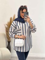 مانتو راه راه جلو بسته تک جیب کد 4966 - تصویر 4