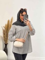مانتو راه راه جلو بسته تک جیب کد 4966 - تصویر 8