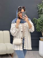 مانتو راه راه دکمه چوبی کد 4961 - تصویر 6