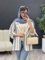 مانتو راه راه دکمه چوبی دو جیب کد 5152 - تصویر 10