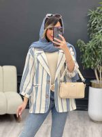 مانتو راه راه دکمه چوبی دو جیب کد 5152 - تصویر 6
