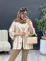 مانتو راه راه دکمه چوبی دو جیب کد 5152 - تصویر 3