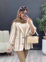 مانتو راه راه دکمه چوبی دو جیب کد 5152 - تصویر 14