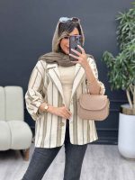 مانتو راه راه دکمه چوبی دو جیب کد 5152 - تصویر 15