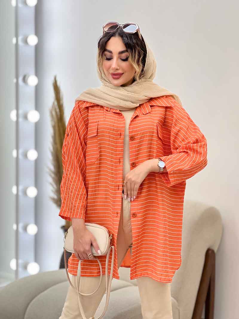 مانتو راه راه دو جیب پاکتی پایین هلال کد 5215 مانتو راه راه دو جیب پاکتی پایین هلال کد 5215