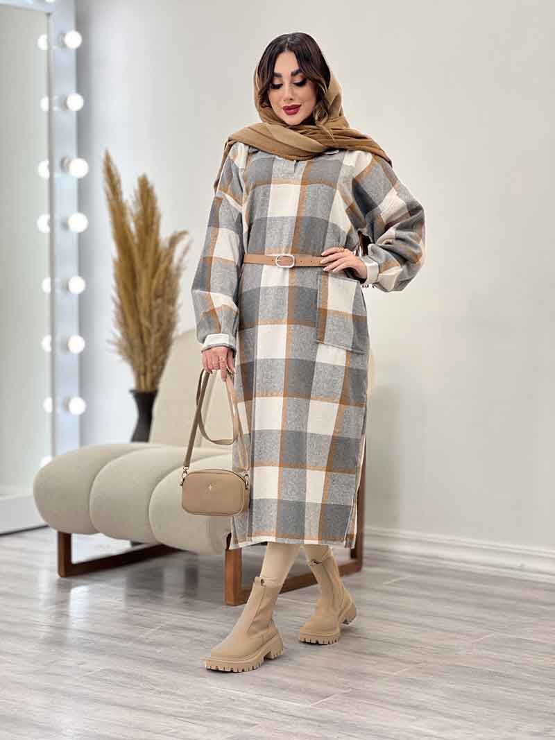 پیراهن بلند چهارخونه آستین پیله کد 5526 پیراهن بلند چهارخونه آستین پیله کد 5526
