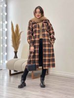 پالتو بلند چهارخونه سر جیب دکمه کد 5674 - تصویر 19