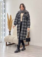 پالتو بلند چهارخونه سر جیب دکمه کد 5674 - تصویر 6