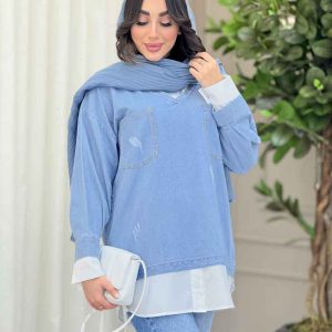 جین ترکیبی دو جیب زاپ دار کد 6078