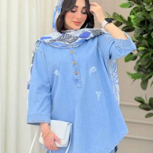 مانتو جین یقه سه دکمه آستین پاگن کد 6299
