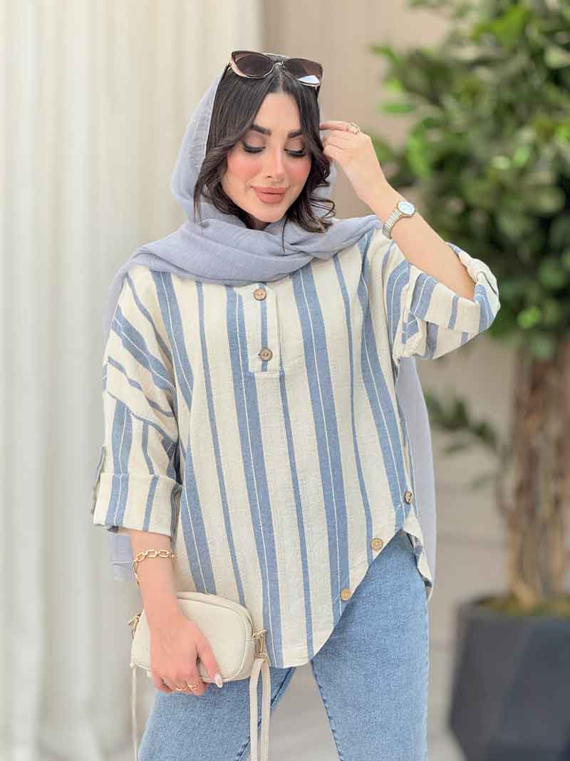 شومیز راه راه پایین هلال چهاردکمه کد 6343 شومیز راه راه پایین هلال چهاردکمه کد 6343