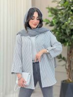 مانتو راه راه تک جیب آستین پاگن کد 6471 - تصویر 4