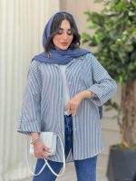 مانتو راه راه تک جیب آستین پاگن کد 6471 - تصویر 7