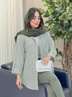 مانتو راه راه تک جیب آستین پاگن کد 6471 - تصویر 6