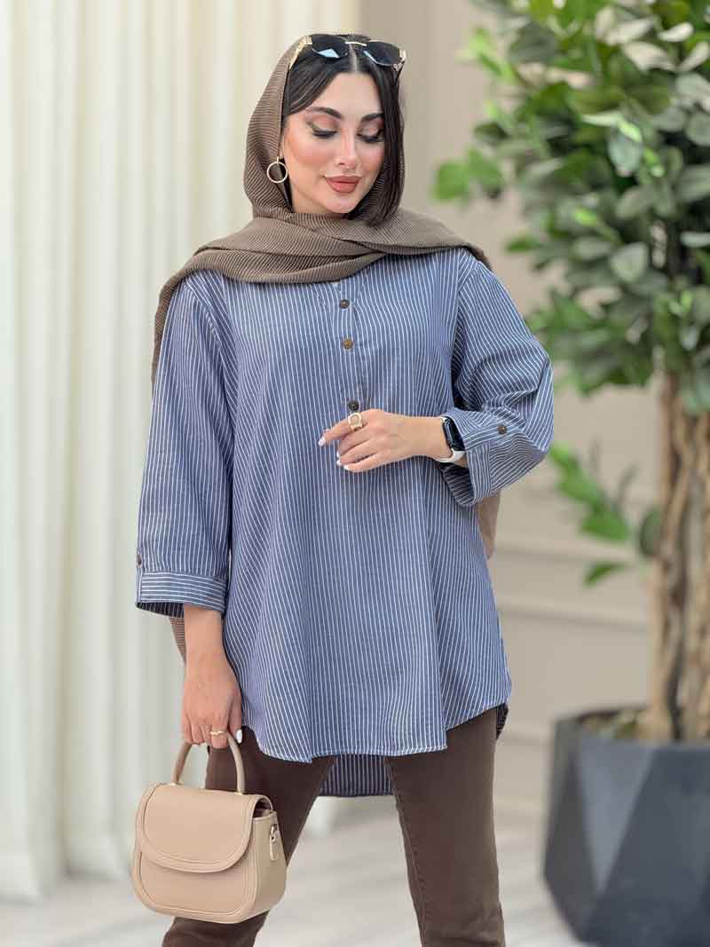 مانتو راه راه جلو سه دکمه کد 6942 مانتو راه راه جلو سه دکمه کد 6942