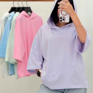 تیشرت باکسی کلاه دار کد 6966