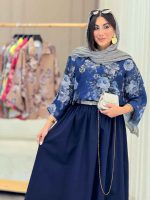 استایل با مانتو سرمه ای طرح دار