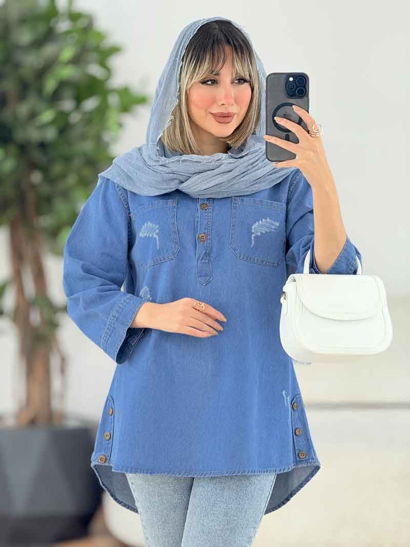مانتو جین یقه سه دکمه دو جیب کد 6473 مانتو جین یقه سه دکمه دو جیب کد 6473