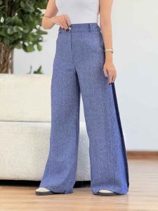 شلوار لینن طرح دار کمرکش کد 7056