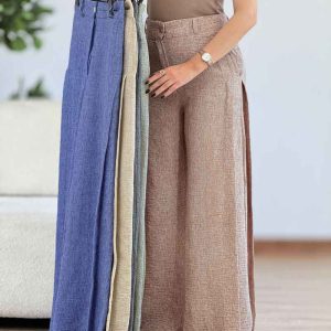 شلوار لینن طرح دار کمرکش کد 7056