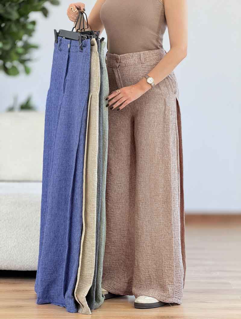 شلوار لینن طرح دار کمرکش کد 7056